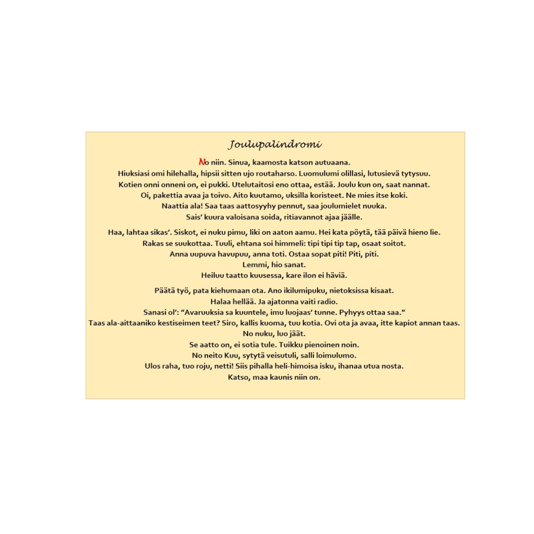 Image for Joulupalindromi, laulu-aihioita.