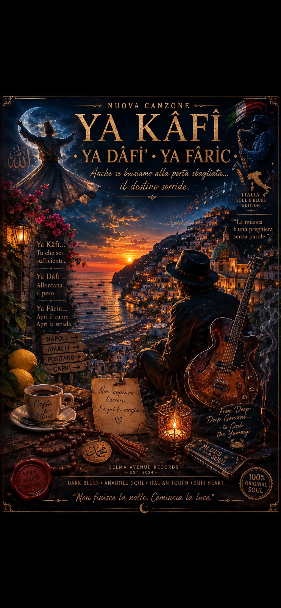 🇮🇹🌙 YA KĀFĪ • YA DĀFI’ • YA FĀRIC  (Anche se bussiamo alla porta sbagliata… il destino sorride.) artwork