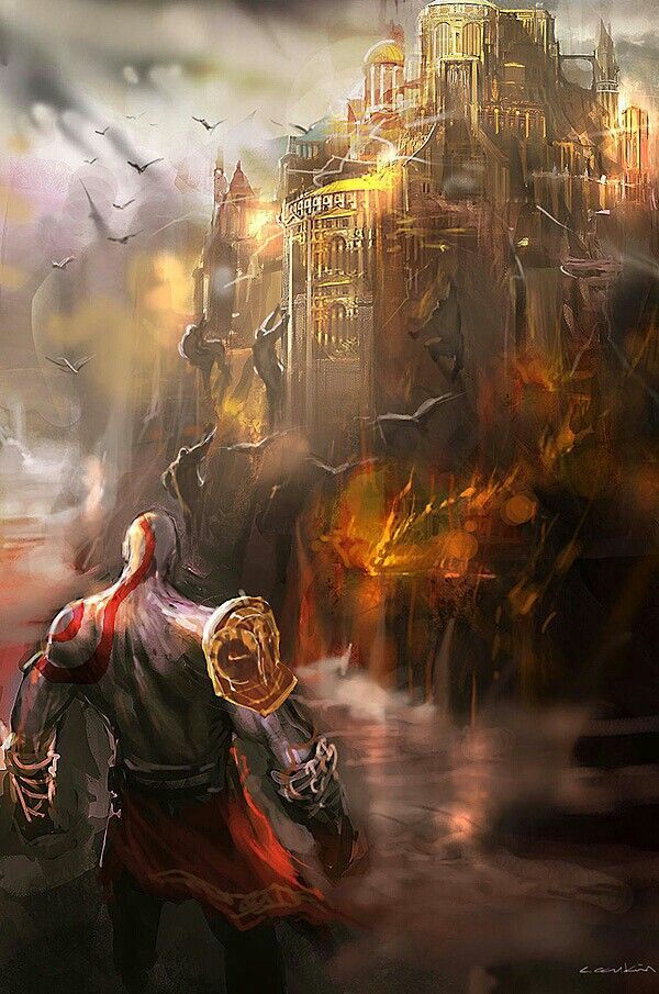 Kratos climbs Mount Olympus. artwork