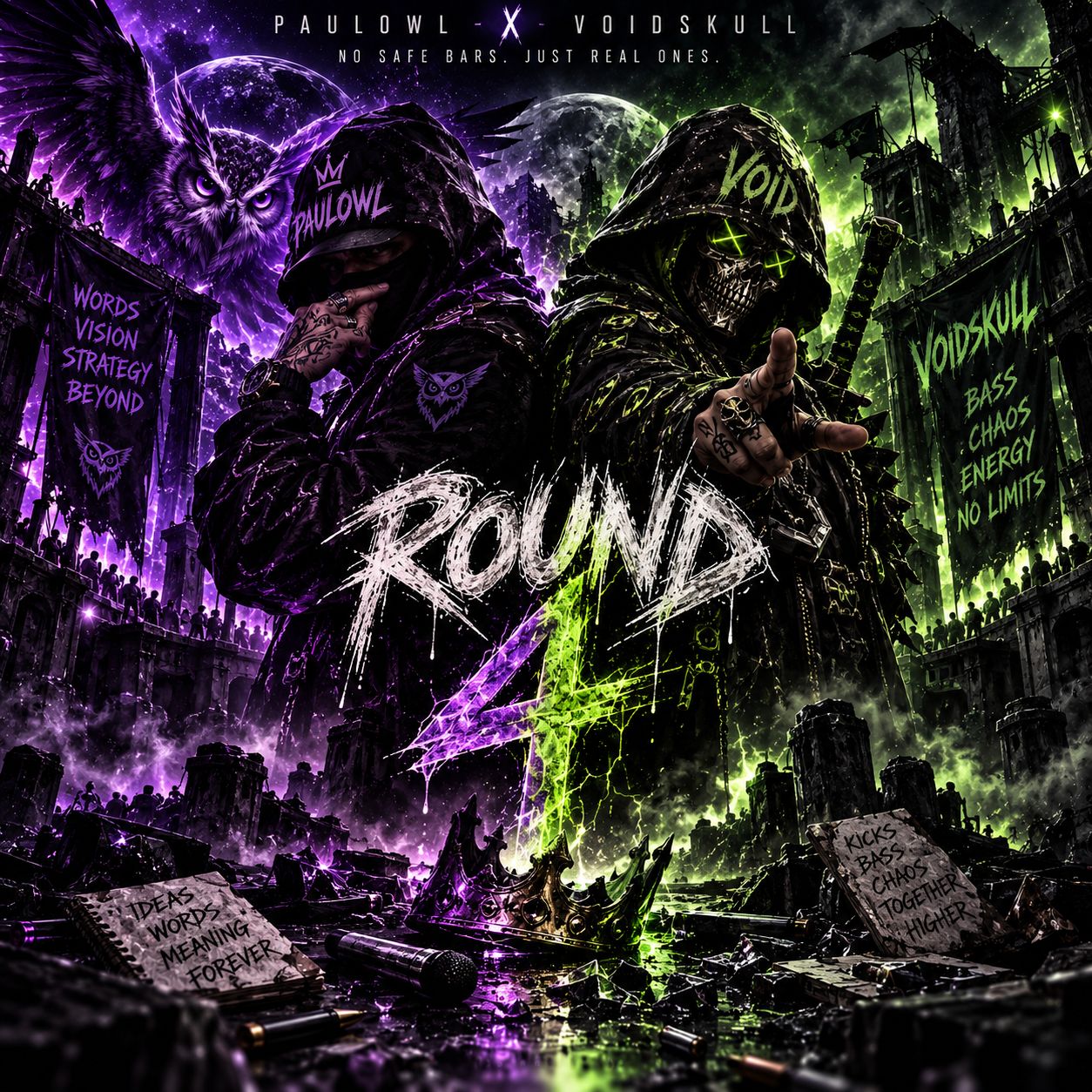 ROUND FOUR // NO SAFE BARS — OWLVERSE × VOIDSKULL artwork