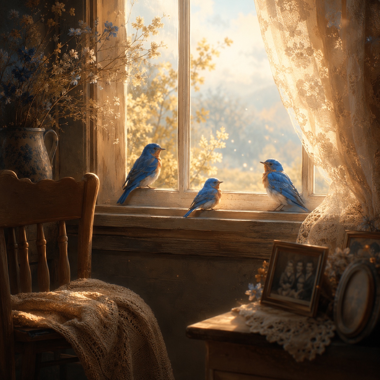 Blue Birds at the Window artwork