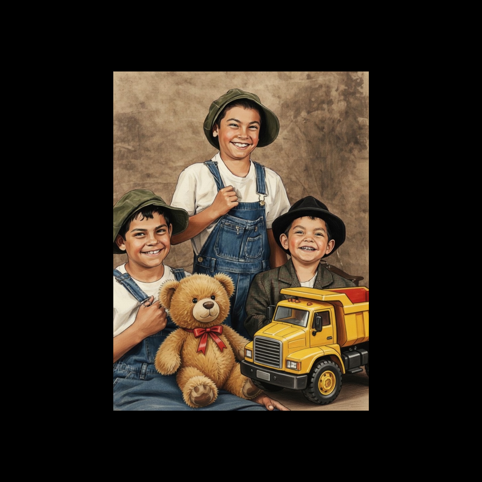 Teddy bear and a yellow dump truck artwork