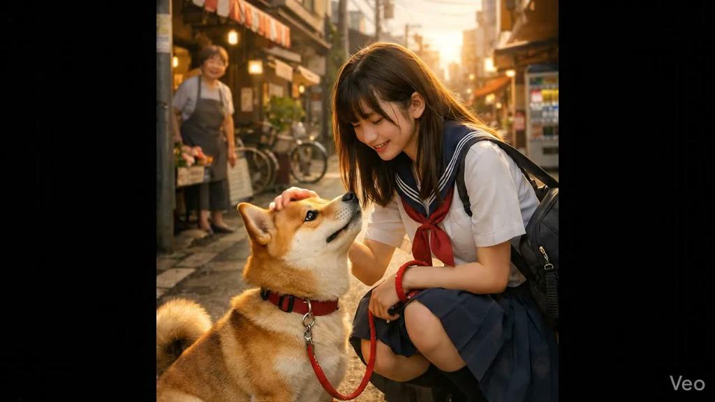 彼女と犬と夕暮れ