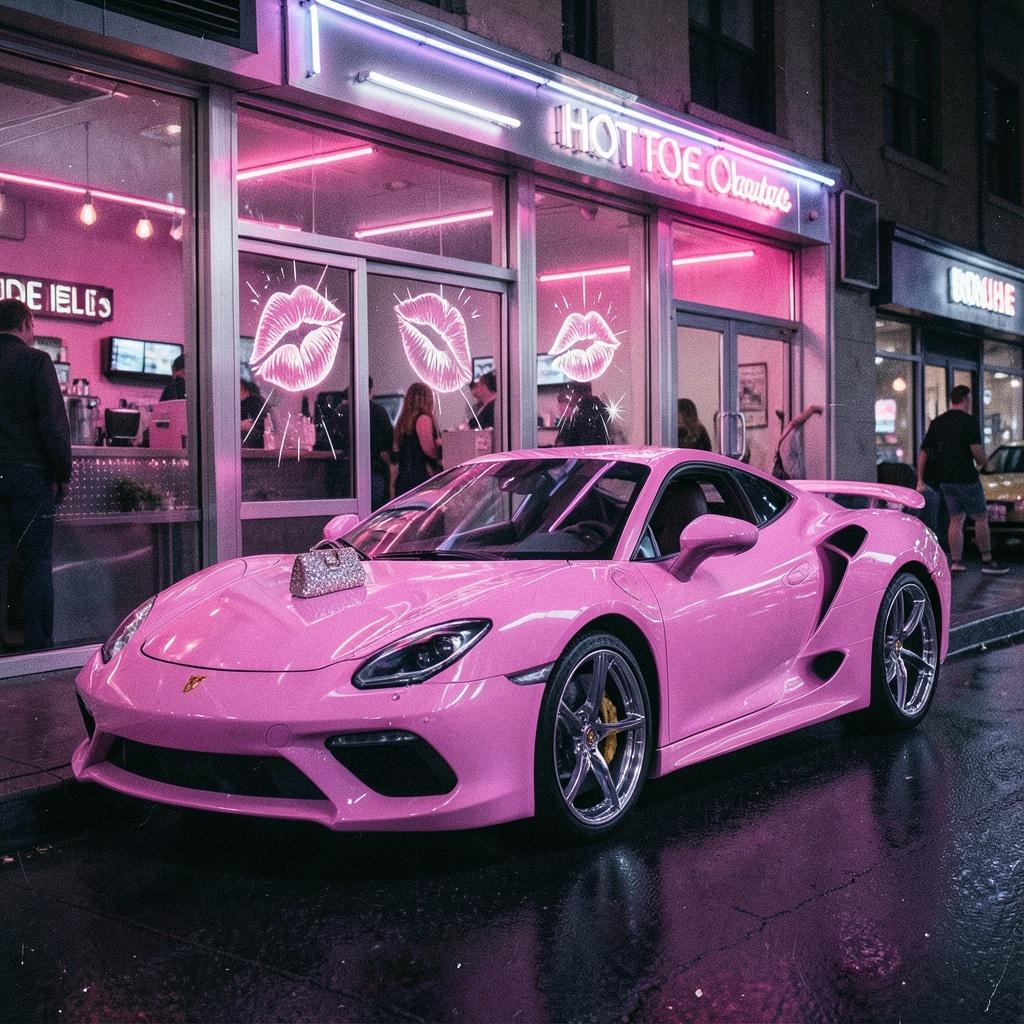 Růžový Porsche a blond Barbie artwork