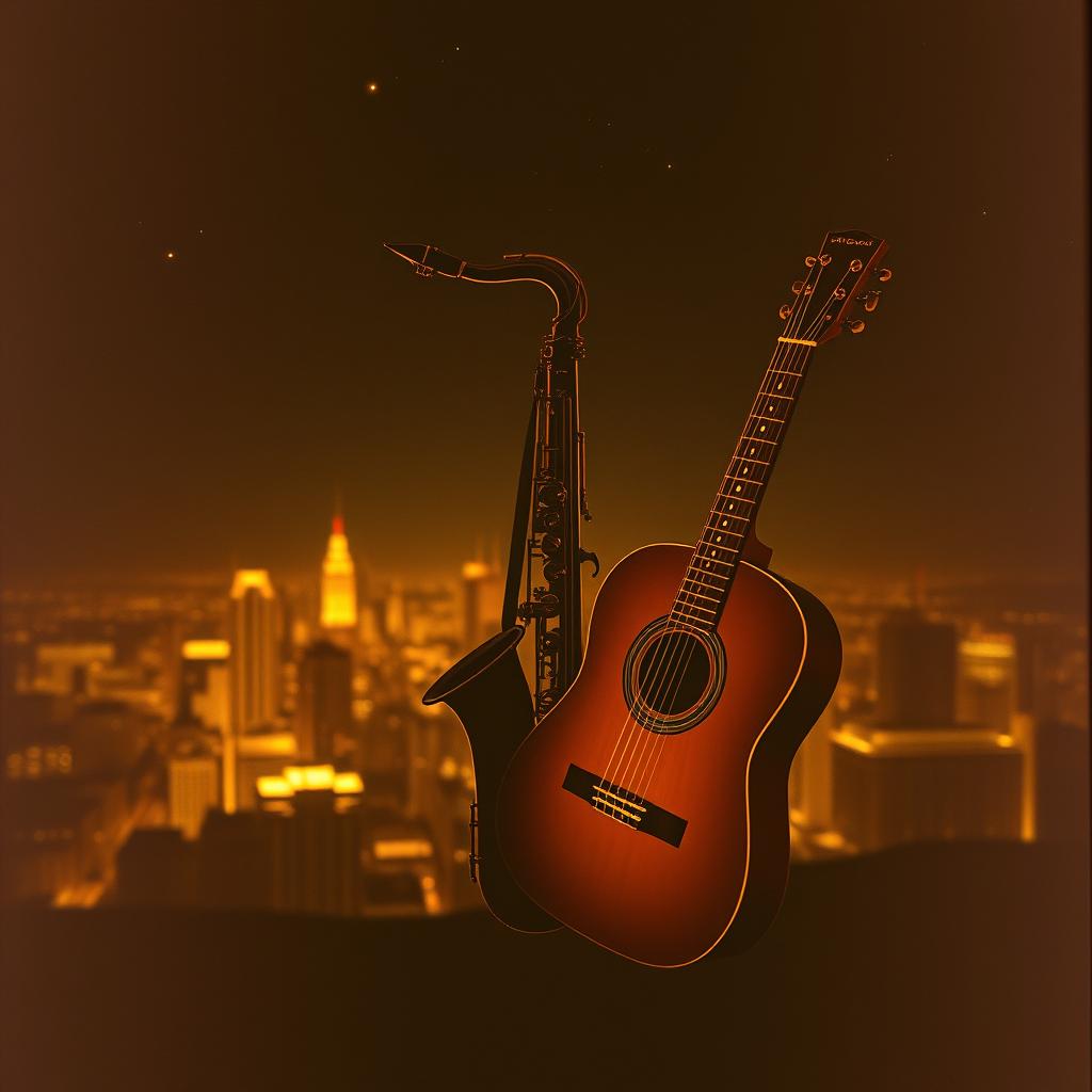 saxophone with Spanish guitar artwork