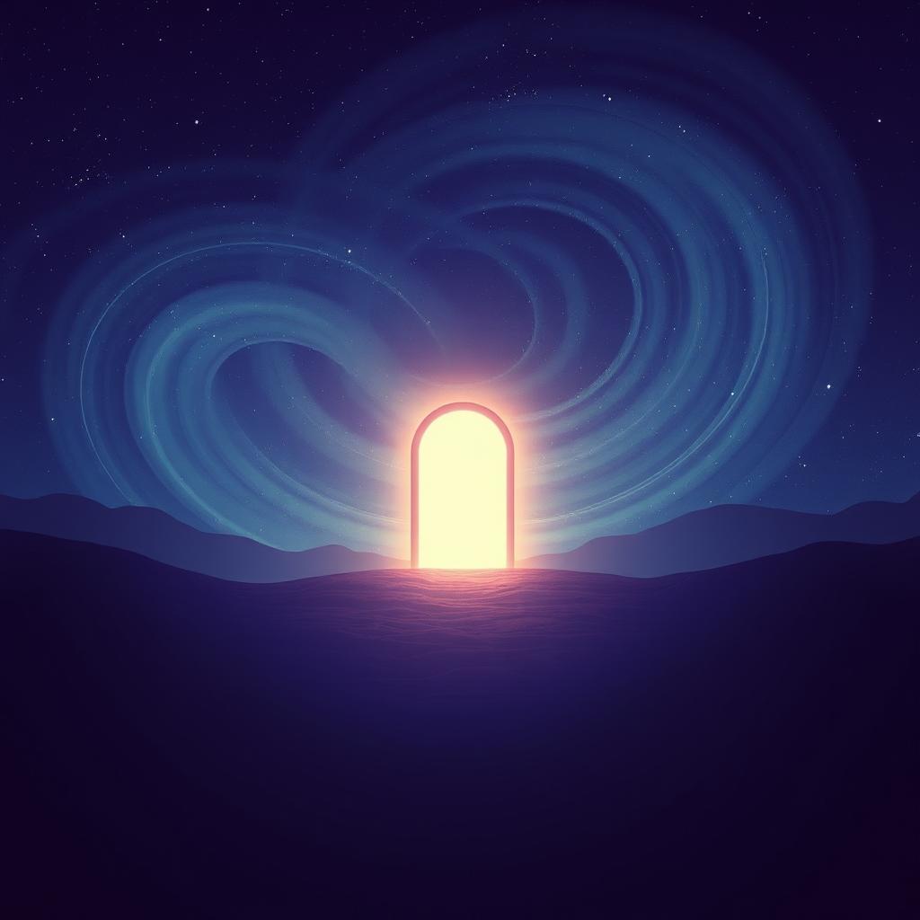 Glowing gate, in starry skies, Through t artwork