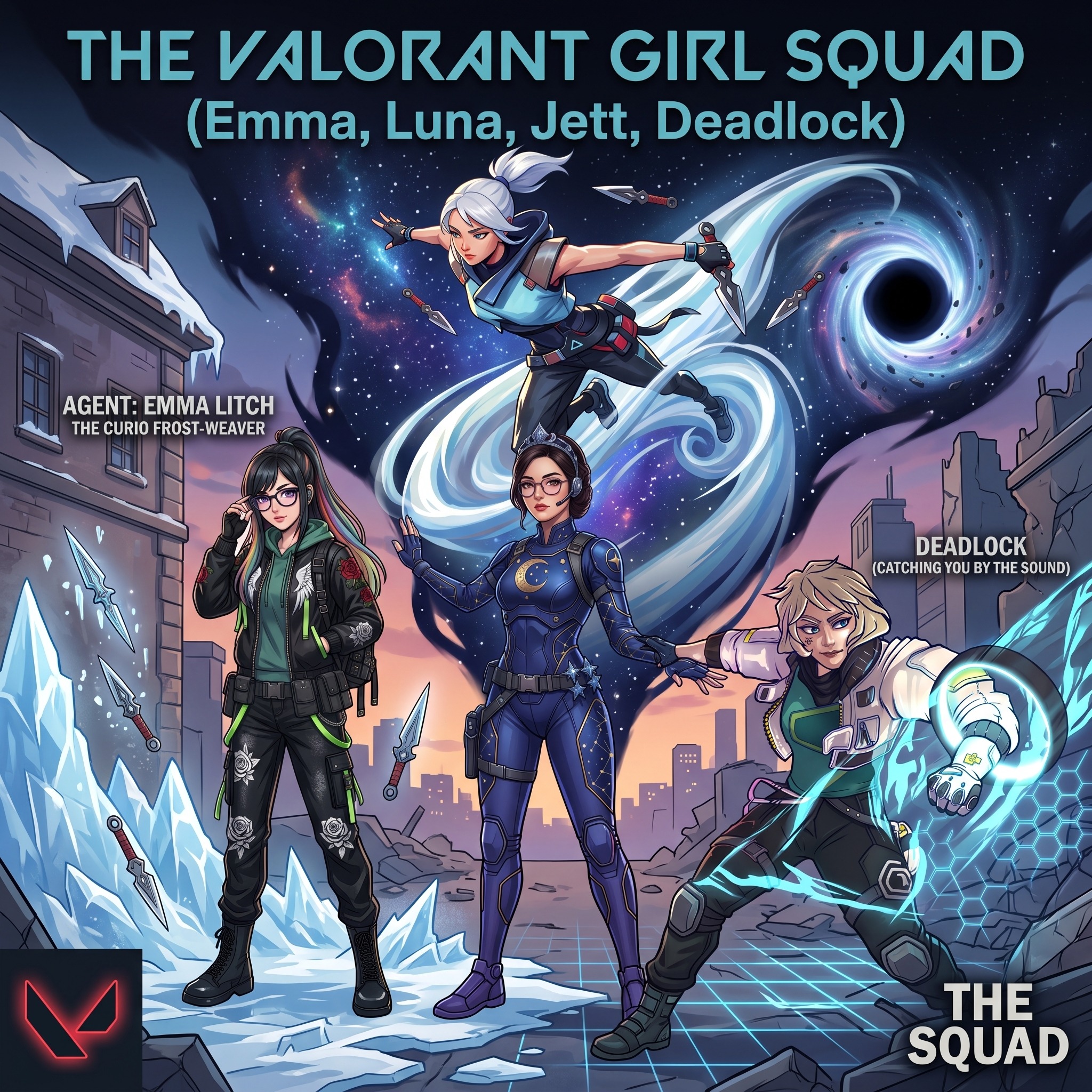 The Valorant Girl squad (Emma, Luna, Jett, Deadlock) artwork