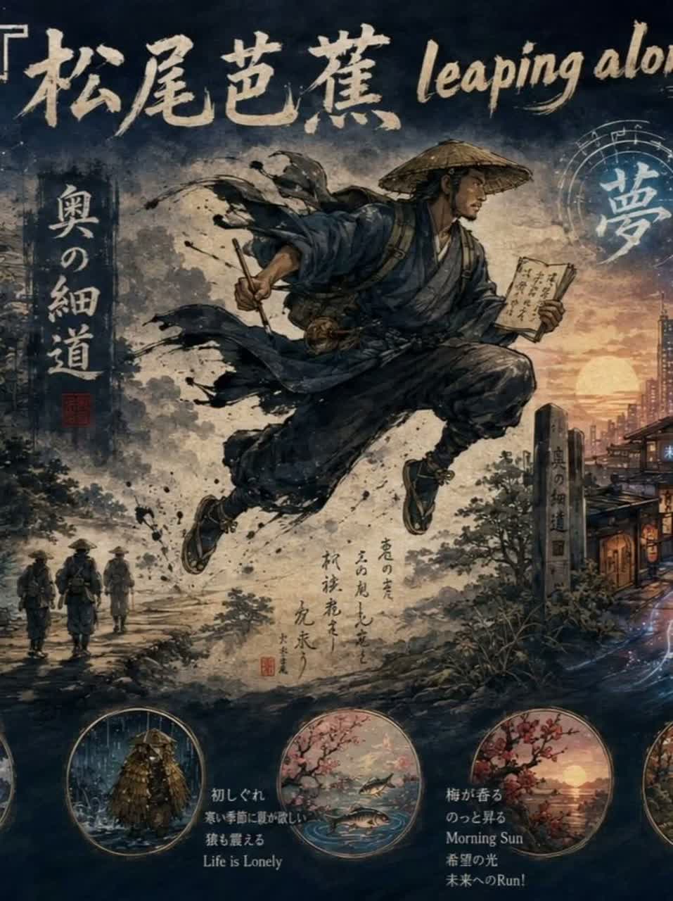Matsuo Bashō: Leaping Along Oku no Hosomichi：松尾芭蕉 leaping along 奥の細道 artwork